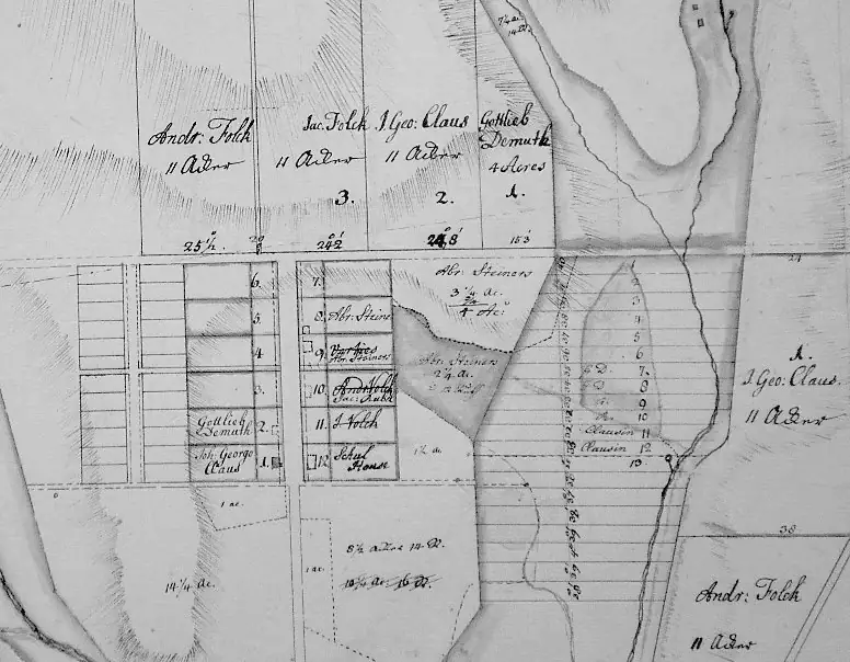 A hand-drawn black and white map showing the twelve lots of Schoeneck and surrounding land from 1761. Across the top are 4 large parcels of land labeled Andr. Folck 11 acres, Jac. Folck 11 acres, J. Geo. Claus 11 acres, and Gottlieb Demuth 4 acres. Below that are the 12 parcels for the Village of Schoeneck. The parcels are divided into 6 on one side of the road and 6 on the other. On the left side are the numbers 1-6 with number 6 at the top. The first 4 parcels are unlabeled. Parcel 2 is labeled Gottlieb Demuth. Parcel 1 is labeled Joh. George Claus. The right side is numbered 7-12 with 7 at the top. Parcel 7 is unlabeled. Parcels 8 and 9 are labeled Abr. Steiner. Parcel 10 is labeled what looks like Jac. Auba? Parcel 11 has the name J. Volch crossed out. Parcel 12 is labeled Schul Haus.