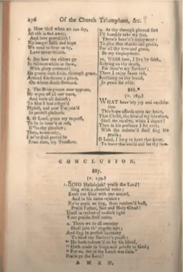 A photo of the last page of the 1789 British hymnal by John Swertner, showing the two verses he composed as "Sing Hallelujah to the Lord."