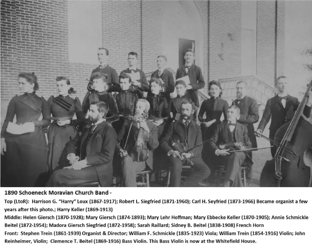 A black and white photo of the 180- Schoeneck Moravian Church Band. The men are all wearing dark suits of the period, some with bowties and some with neckties. The women are wearing dark dresses of the period with high necks, long sleeves, cinched waists and full skirts. Some of the men are holding an instrument - there is a French horn, two violins, a viola, and a bass violin.