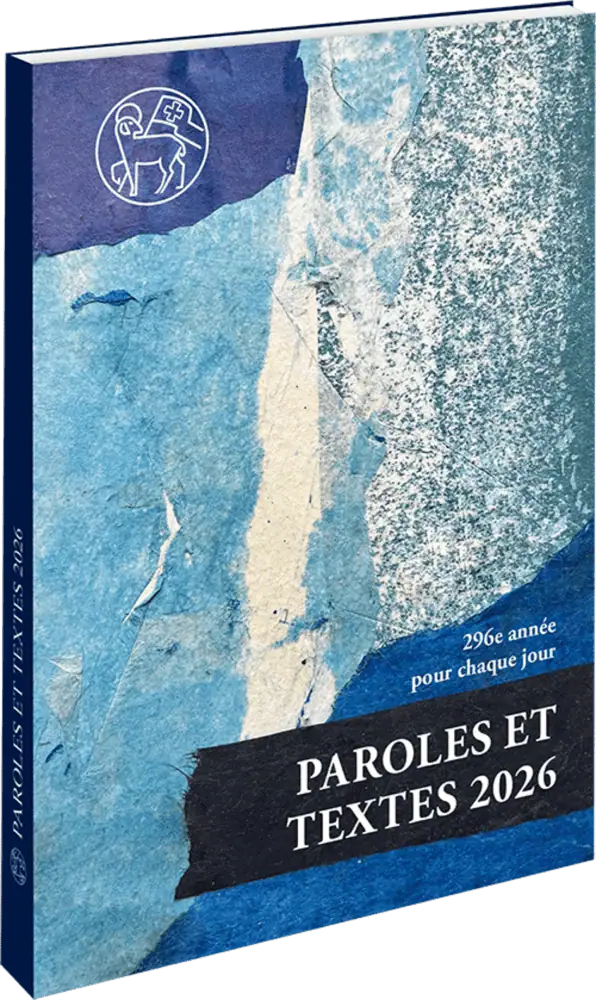 An image of the 2026 French edition of the Moravian Daily Texts. The cover is in different shades of blue from aquamarine to royal blue to a dark navy blue, and made to look like a collage of torn pieces of paper. The words are printed in white.