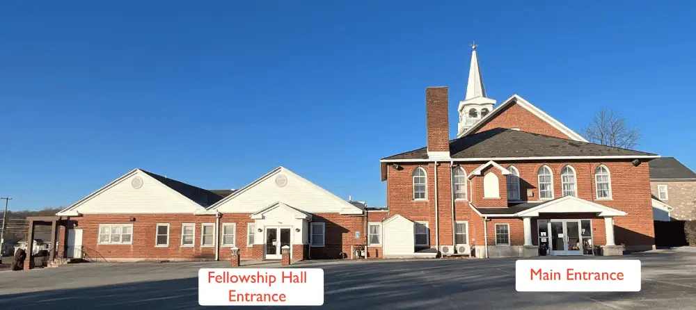 The back of the church is shown with the parking lot. Labels have been applied for the Fellowship Hall entrance (on the left) and the Main Entrance (on the right).