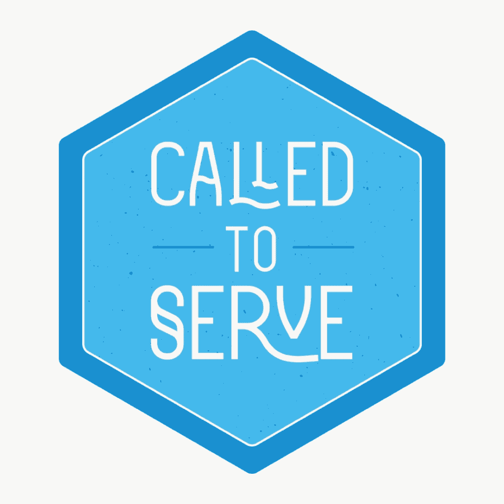 A clip-art image of cerulean blue hexagon with a darker blue boarder. Inside are the words "Called To Serve" in white lettering.
