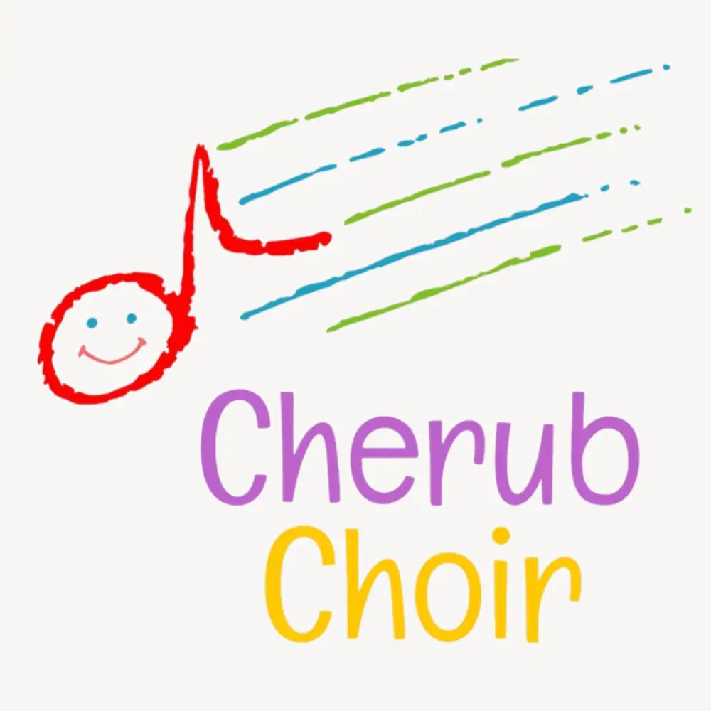 A clip-art image with a smiling red music note with teal blue and olive green stripes behind it as if the music note is soaring through the air. Underneath are the words "Cherub Choir" in purple and golden yellow sans serif lettering.