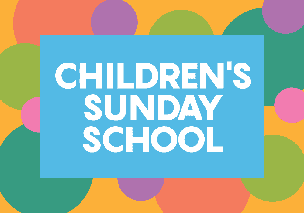 A clip-art image with the main background color of bright golden-orange. On top are circles in different colors - bright pink, teal, purple, lime green, and red. In the center is a bright blue rectangle with the words "Children's Sunday School" written in white sans serif lettering.