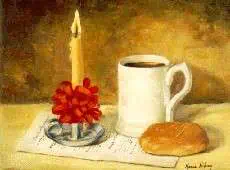 An illustration of traditional Moravian Lovefeast elements - a red-wrapped Christmas candle in a pewter holder, a mug of coffee, and a sweetened bun.