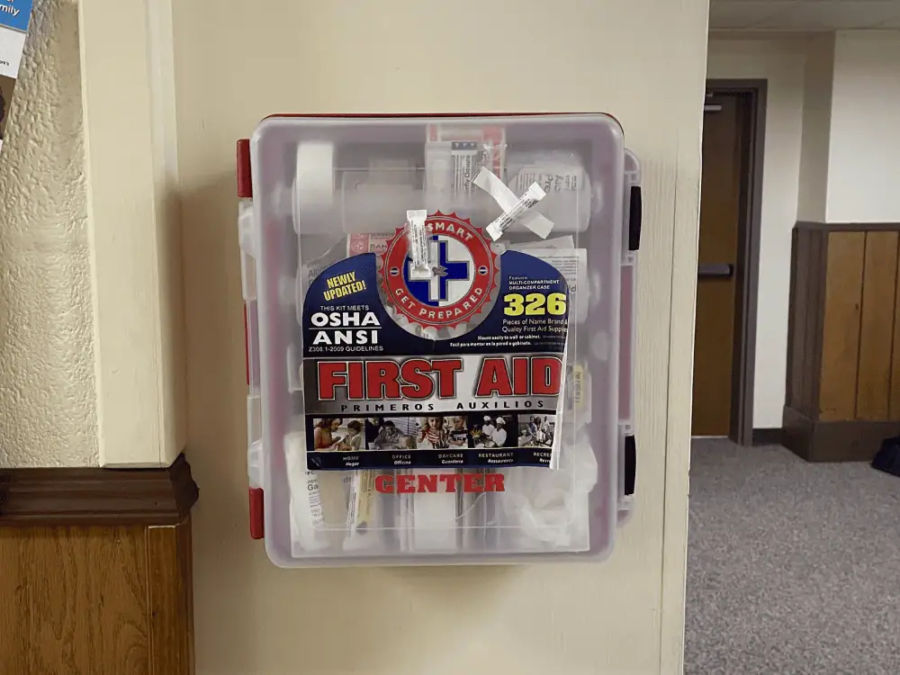 A photo of one of the First Aid Kits which are located in three places around the church.