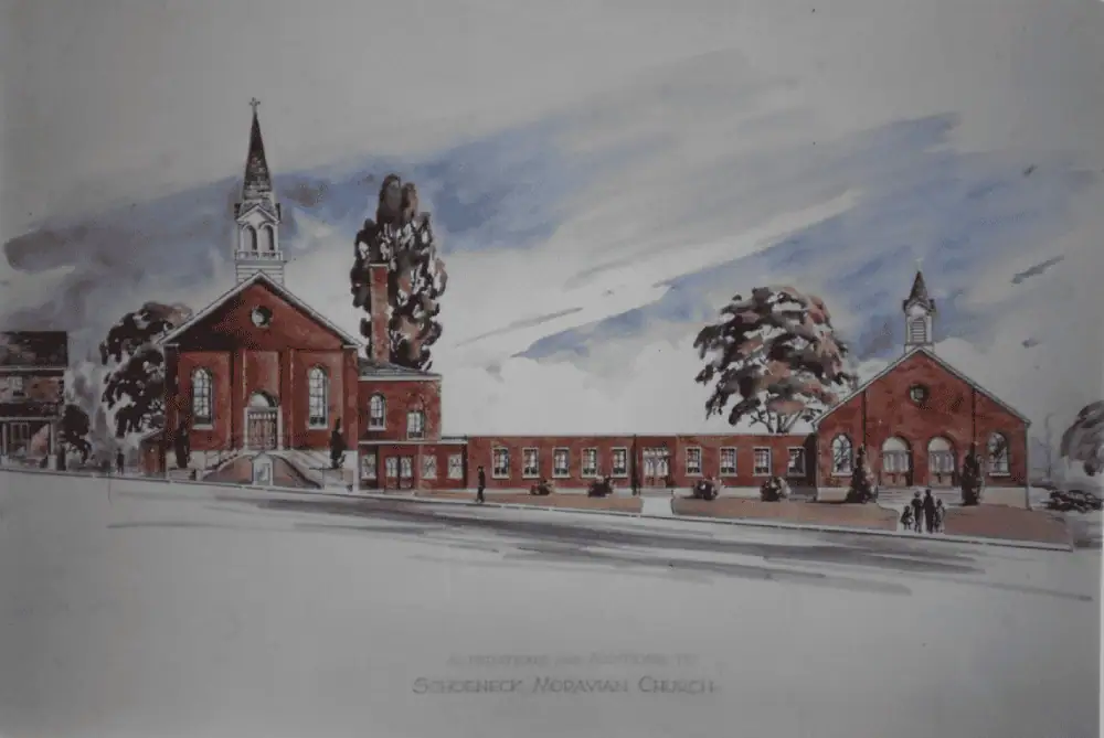 A color image of an artist sketch showing the red brick Schoeneck Moravian Church with a long flat addition with a second, larger sanctuary at the other end.