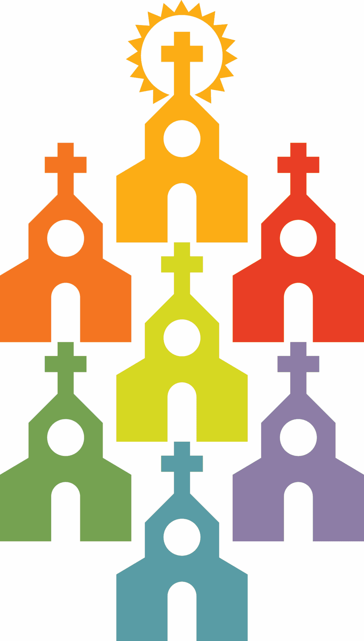 An clip-art image of seven churches in different colors clustered together.