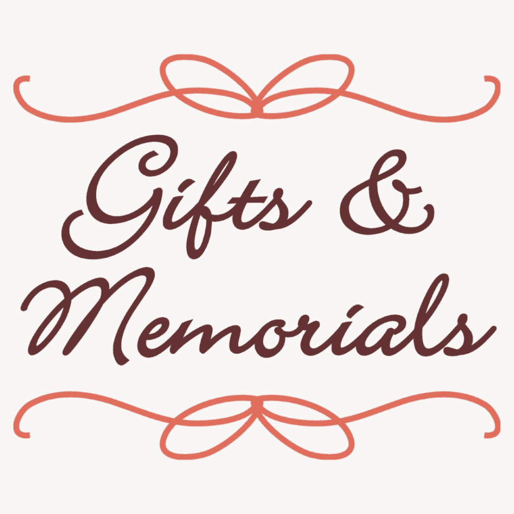 A clip-art image that reads "Gifts and Memorials" in brown fancy lettering between two line drawings that look like coral string tied in a bow.