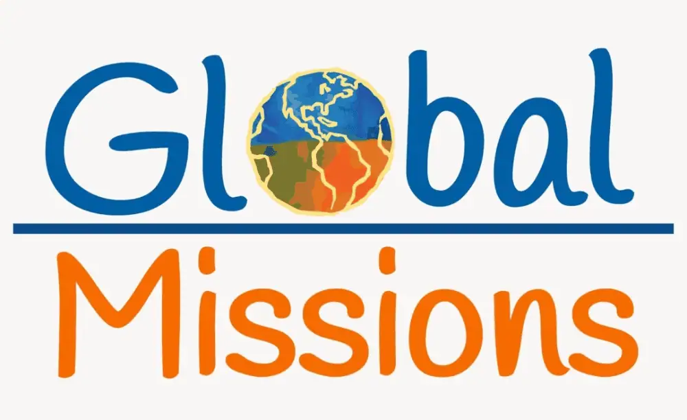 A clip-art image of the words "Global Missions". The word Global is in azure blue with a slightly darker blue line under it. Underneath the line is the word Missions in orange. The O in the world Global is a globe - the top half is azure blue and the bottom is orange, with vague countryis outlined in yellow-gold.
