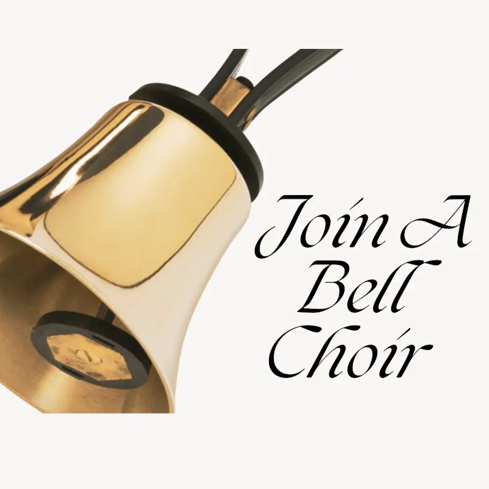 A clip-art image with a photo of a large golden handbell with a black handle. Next to it are the words "Join a Bell Choir" in a black italicized serif fancy font.