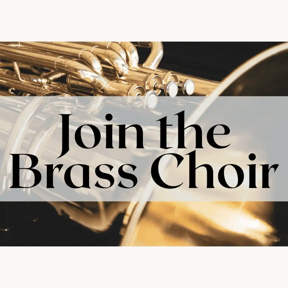 A clip-art image of a brass horn instrument with a translucent banner across it. On the banner in a black classic serf font are the words "Join the Brass Choir."