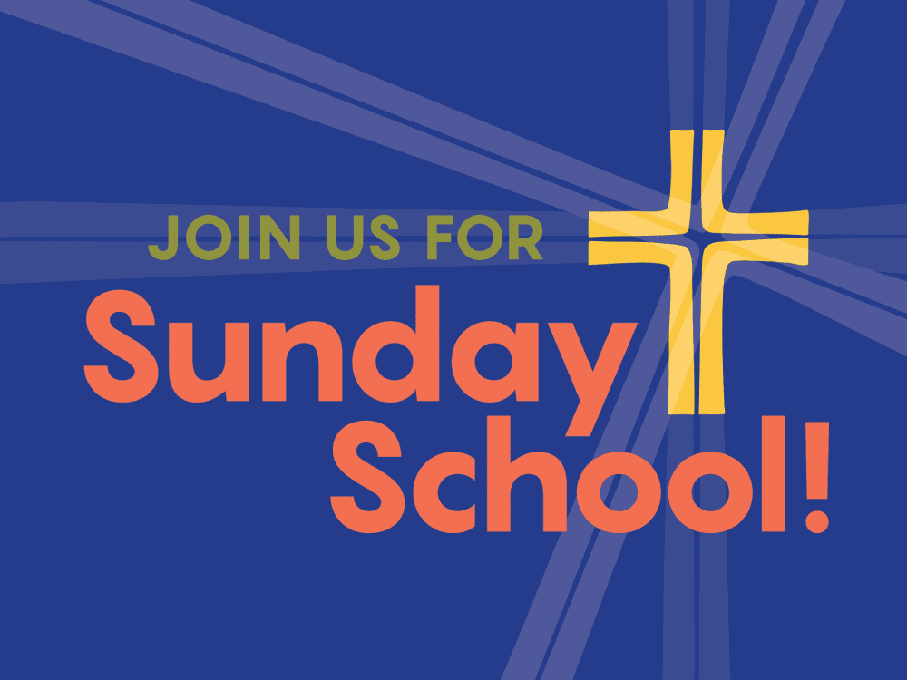 A clip-art image with a royal blue background. On the right side is a golden-yellow cross with the words "Join Us for Sunday School" around it in a sans serif font in golden-yellow and coral-orange colors.