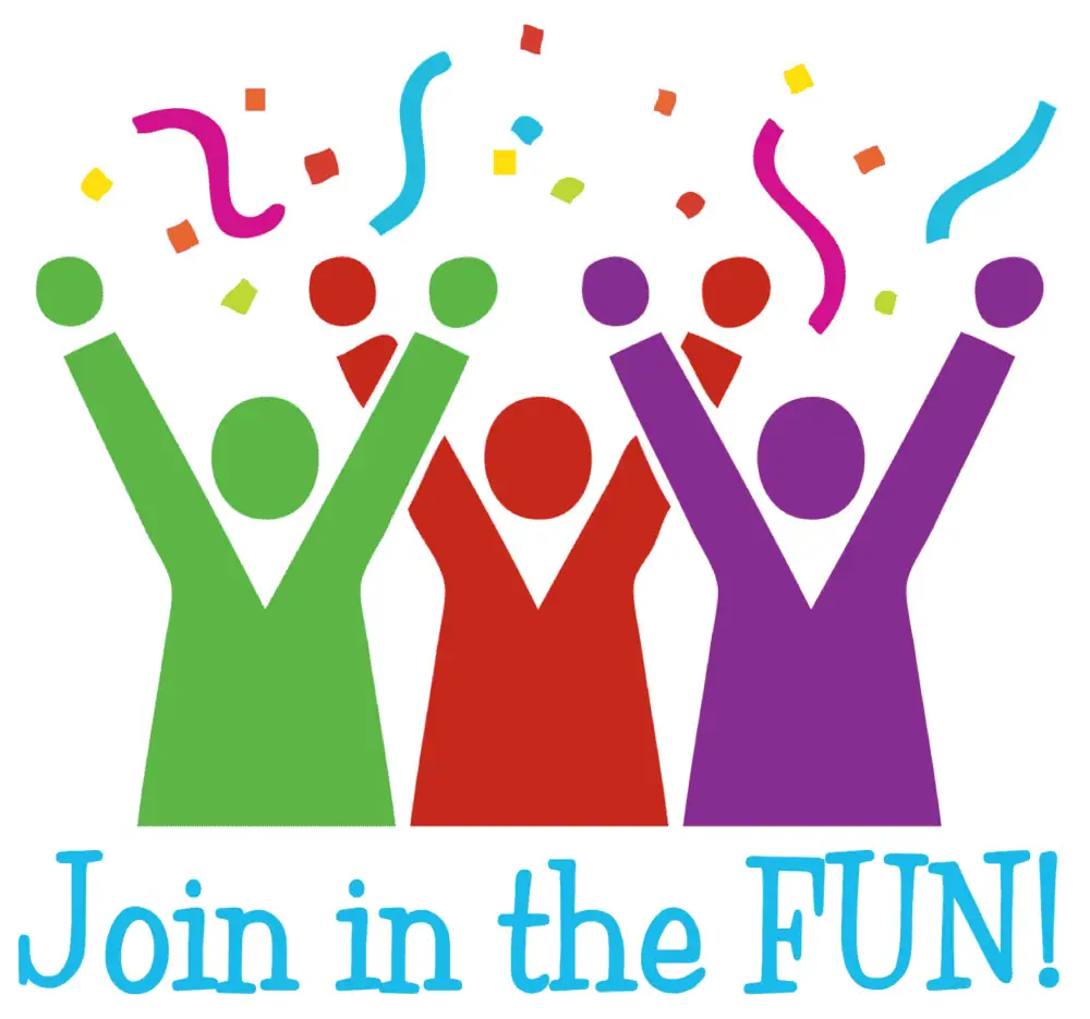 A clip-art image of three human figures, in green, red, and purple, throwing multicolored confetti in the air, with the words "Join in the FUN!" in bright blue underneath them.