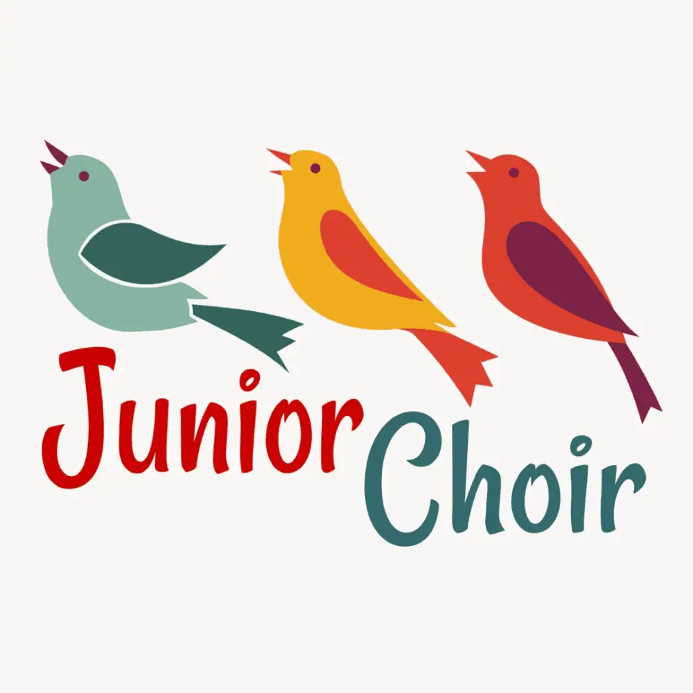 A clip-art image featuring three multicolored birds with their heads up and their beaks open as if whistling. The first bird is sage green with dark sage green wings and tail and a burgundy beak. The second bird is yellow-orange with red wings, tail, and beak. The third bird is red with purple wings and tail and a red beak. Underneath the birds are the words "Junior Choir" in a rounded fun font.