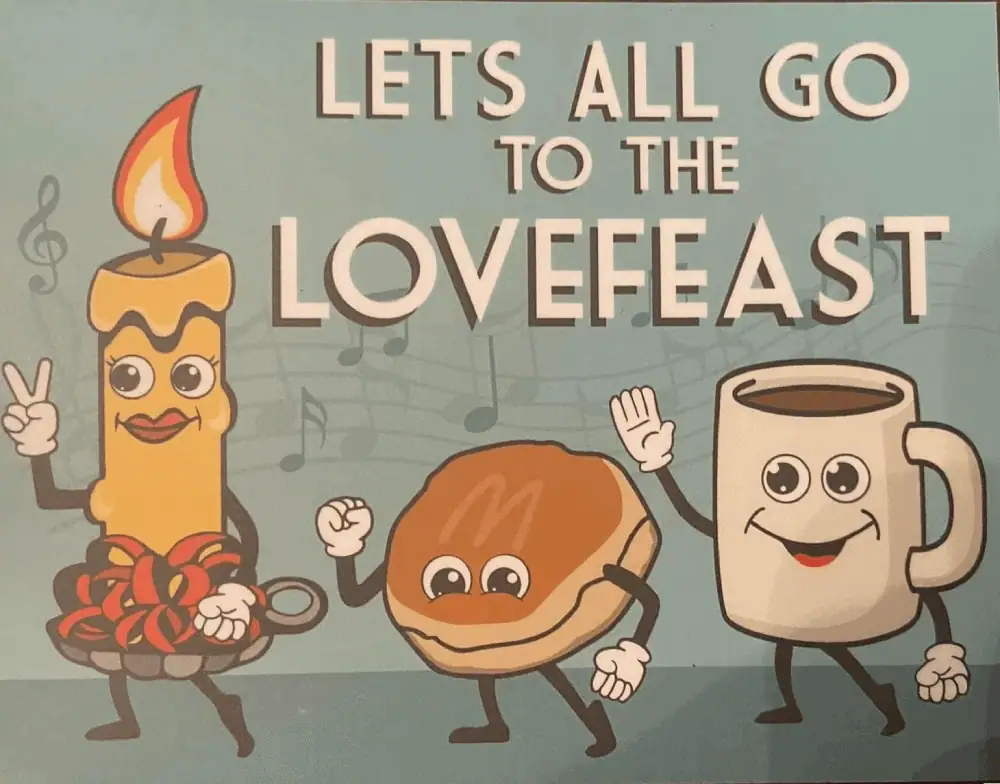 Vintage cartoon versions of a lit red-wrapped beeswax Christmas candle, a traditional lovefeast bun, and a mug of coffee dance across the picture with the words "Let's all go to the Lovefeast..."