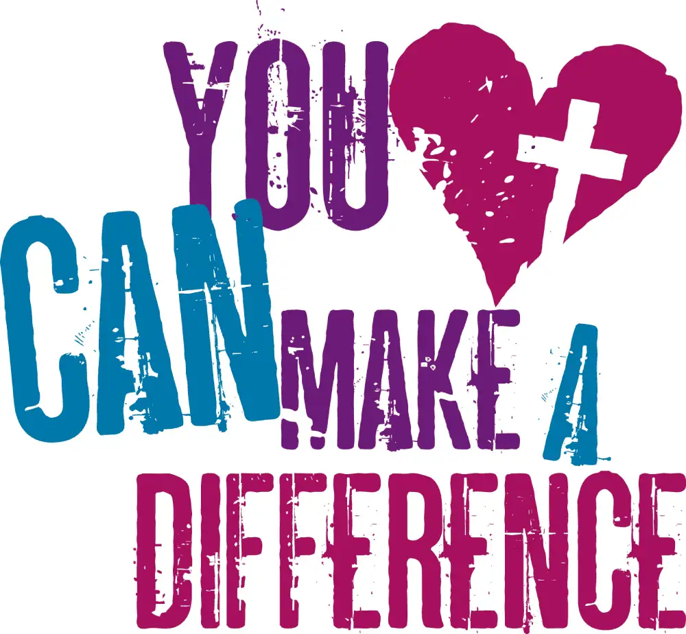 A clip-art image that says "You can make a difference" in colors of burgundy, purple, and blue teal. In the top corner is a burgundy heart with a white cross embossed in it.