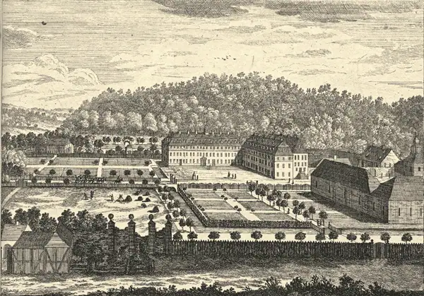A black and yellow hand drawing of the Moravian community of Marienborn in Germany, established by Count Zinzendorf in the mid-1730s. The drawing shows several large multi-story buildings and several fields lined by trees.