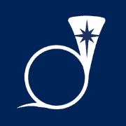 The logo for the Moravian Music Foundation. A white hunting horn (a single large loop horn with no valves) with a navy blue background. The bell of the horn has a navy blue Bethlehem star on it.