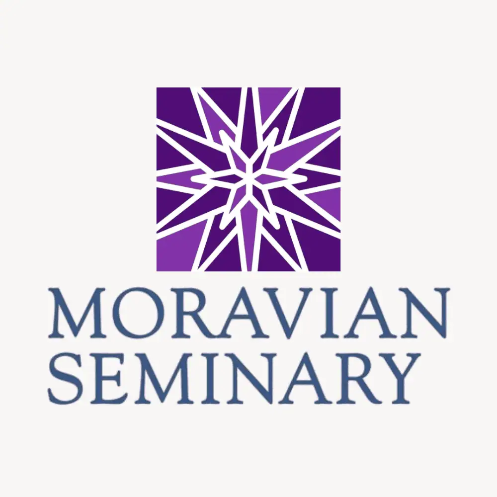 The logo for The Moravian Seminary is an abstract Moravian Star in dark purple and light purple with the words "Moravian Seminary" in a slate blue color underneath.