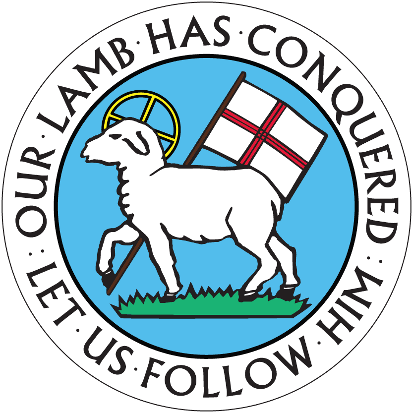 The Moravian Seal - an image of a haloed lamb carrying the banner of Christ, surrounded by the words "Our Lamb Has Conquered. Let Us Follow Him."