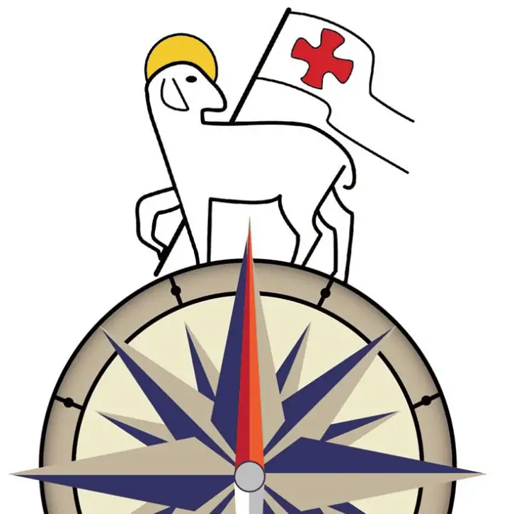An illustration with a Moravian-style Agnus Dei standing atop a compass.