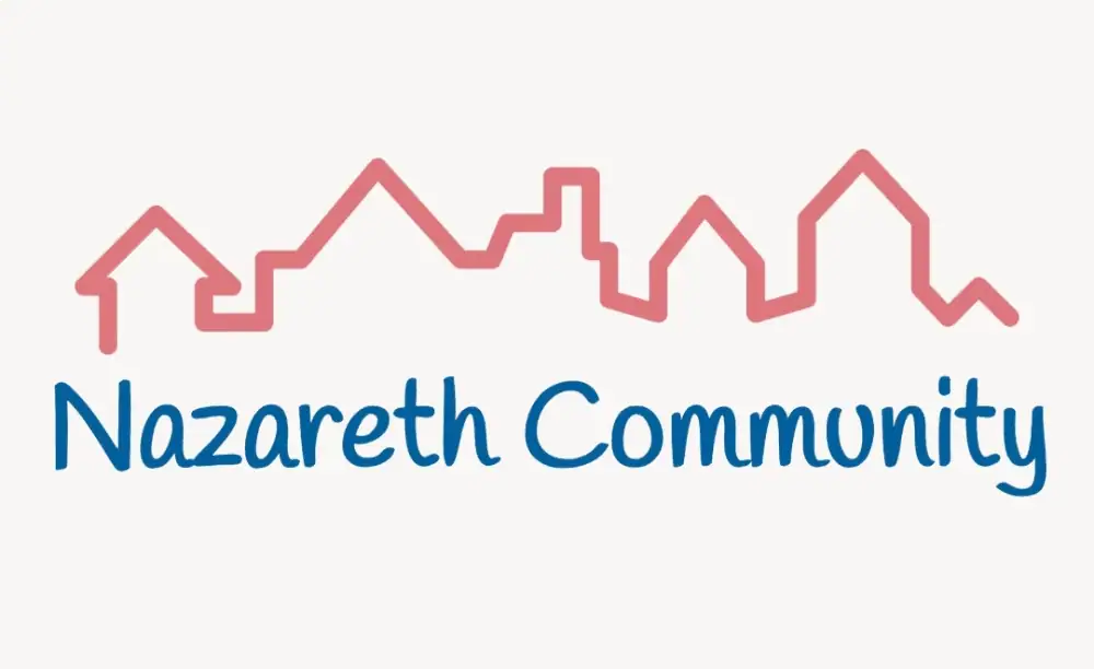 A clip=art image of a single line drawing representing a continuous roofline in orange with the words "Nazareth Community" underneath in azure blue.