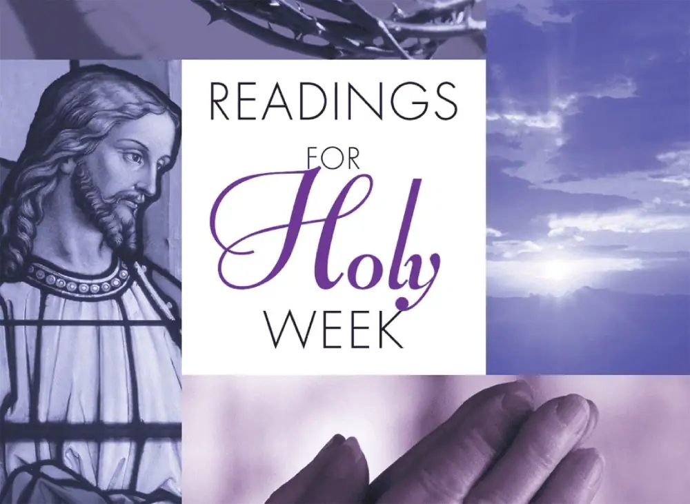 The cover of the Large-Print edition of the Readings for Holy Week book, in shades of periwinkle blue and lavender.