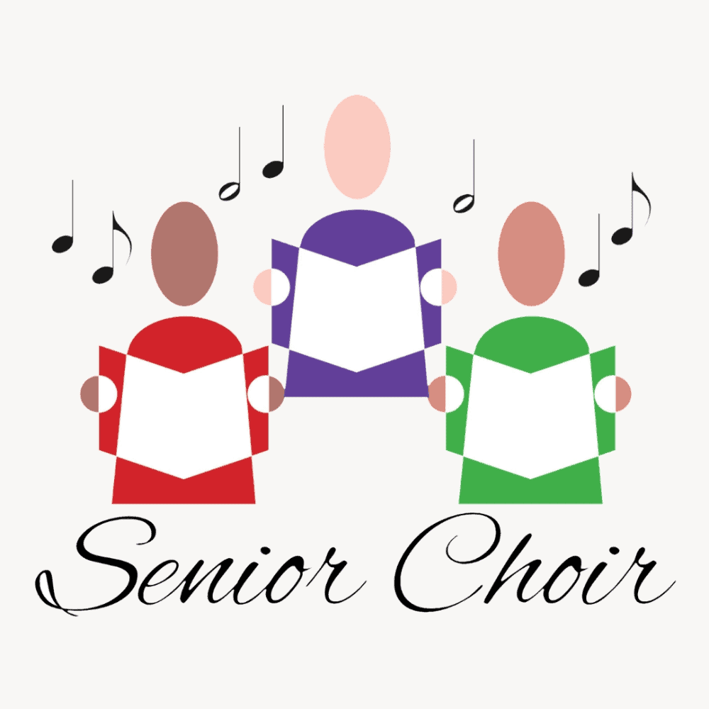 A clip-art image of three simple human figures holding a white square as if to be a music folder. None of the figures has facial features or hair. The first person has an oval peach colored head and is wearing a periwinkle blue shirt. The second person has an oval brown head and is wearing a red shirt. The third person has an oval light brown head and is wearing a green shirt. Around the figures are different black music notes, and underneath the them are the words "Senior Choir" in a black fancy script font.