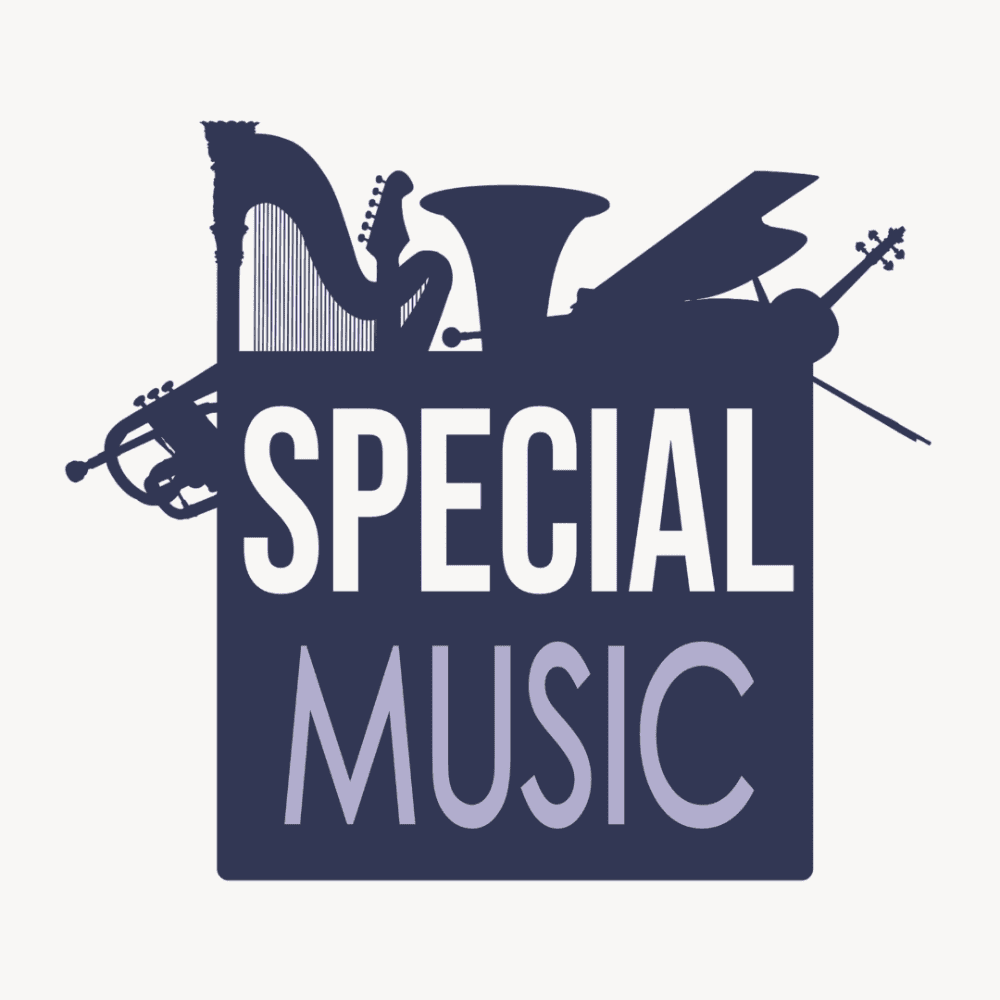 A clip-art image with dark blue silhouettes of a variety of musical instruments parts (a trumpet mouthpiece and valves, a harp, a guitar headstock, a horn bell end, a drum mallet, and a violin) poking out of a dark blue box. Written on the box are the words "Special Music".