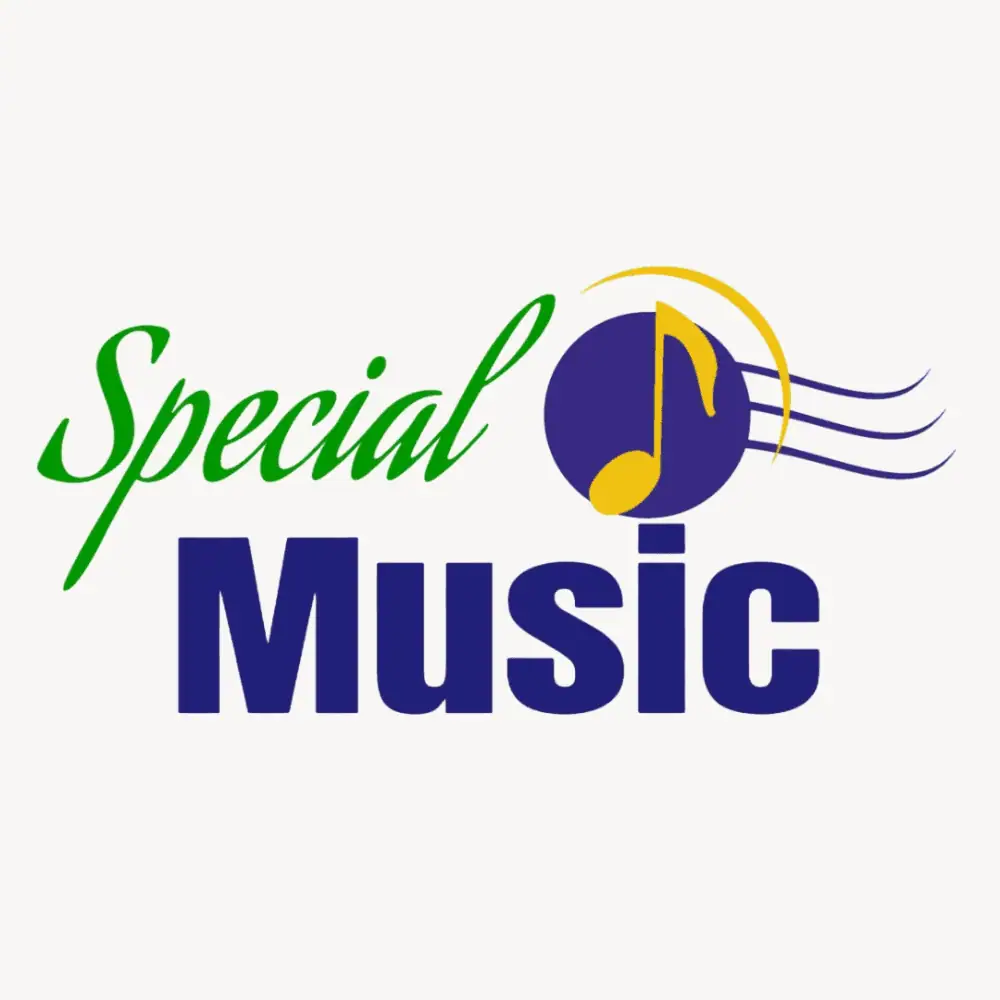 A clip-art image that says Special Music. The word "Special" is in primary green and the word "Music" is in navy blue. Above the I in music is a navy blue circle with a golden-yellow music note.