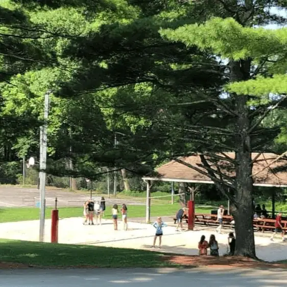 This photo of Camp Hope shows the picnic pavilion from a distance in the background, with a white sand volleyball court in the foreground. Several campers are on the volleyball court while a few campers watch, sitting under a fir tree.