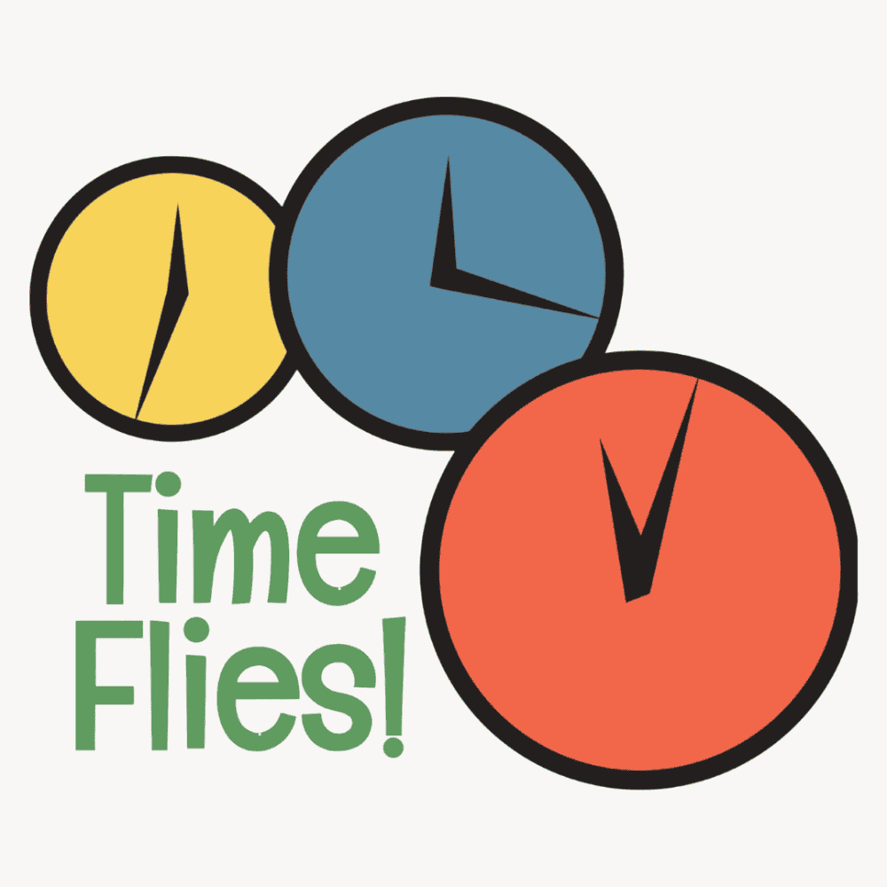A clip-art image of three illustrated clocks - one red, yellow, and one slate blue - with their hands indicating different times. The text reads "Time Flies!" in a funky sans-serif green font.