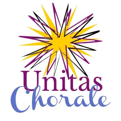 The logo for the Unitas Chorale. A yellow drawing of a Moravian star is at the top, outlined in black and burgundy to show points in different directions. Underneath are the words "Unitas Chorale". Unitas is written in a burgundy traditional serif font while Chorale is written in a periwinkle modern script font.