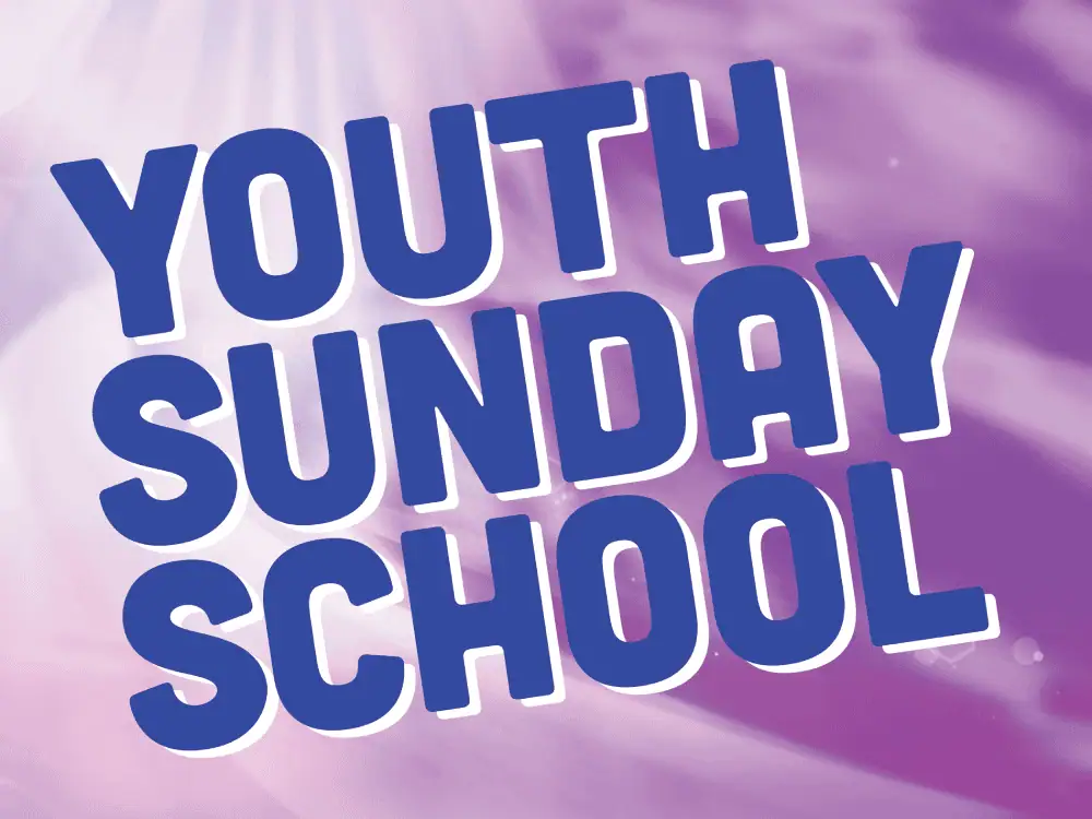 A clip-art with the words Youth Sunday School written in all caps in a blue sans serif font with a white shadow. The background is shades of purple, lavender, and lilac.