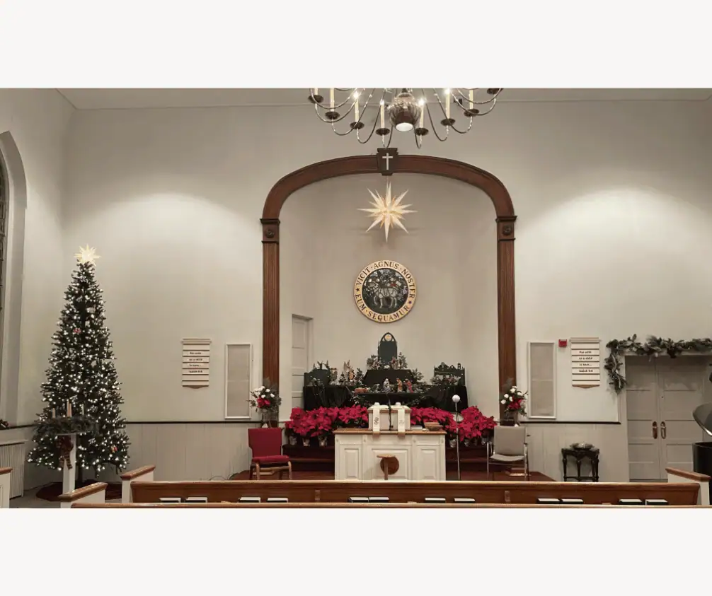 A picture of Schoeneck's sanctuary decorated for Christmas Eve services. The Christmas tree glows with white lights, with multicolored Moravian stars scattered among its branches, and a Moravian star on top. The Advent Wreath stands in front of the tree, toward the pews. At the top of the pulpit area is Schoeneck's Moravian Star, with white and yellow points. The pulpit itself features Schoeneck's putz of hand-carved wooden figures. Below the putz are a bank of poinsettias. Over the front sanctuary doors are a garland of winter greens with golden bows, pine cones, and red berries. A picture of Schoeneck's sanctuary decorated for Christmas Eve services. The Christmas tree glows with white lights, with multicolored Moravian stars scattered among its branches, and a Moravian star on top. The Advent Wreath stands in front of the tree, toward the pews. At the top of the pulpit area is Schoeneck's Moravian Star, with white and yellow points. The pulpit itself features Schoeneck's putz of hand-carved wooden figures. Below the putz are a bank of poinsettias. Over the front sanctuary doors are a garland of winter greens with golden bows, pine cones, and red berries.