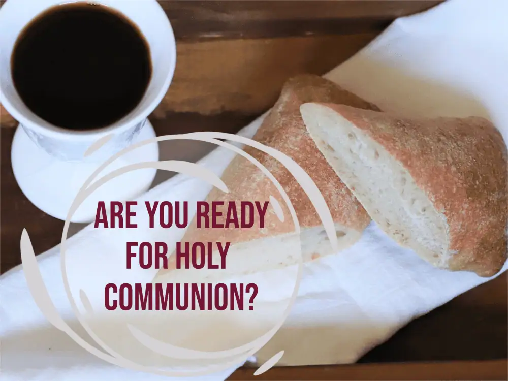 A clip-art photo of a chalice of wine and a loaf of bread that's been cut in half, on a white cloth. In burgundy sans serif letters are the words: Are you ready for Holy Communion?
