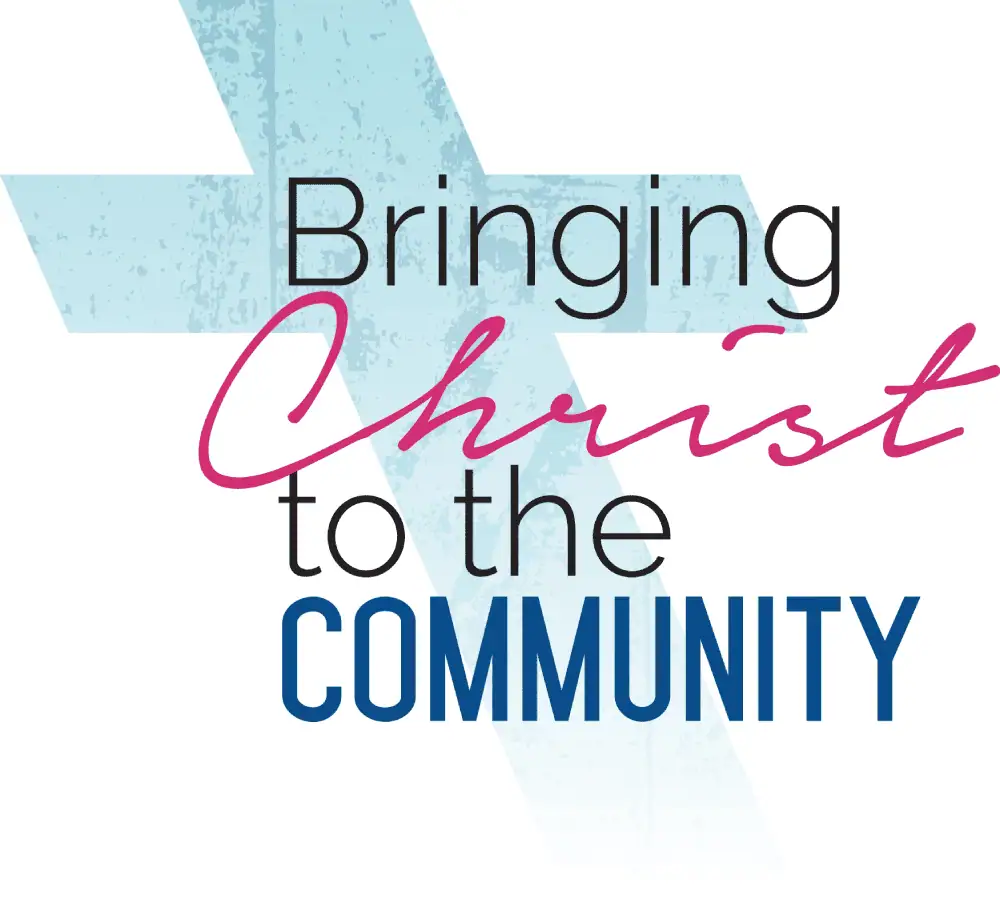 A clip-art image of a light blue cross at a diagonal with the words "Bringing Christ to the Community" written across it. The word "Christ" is written in a dark pink script font and the other words are written in a blue thin sans serif font.