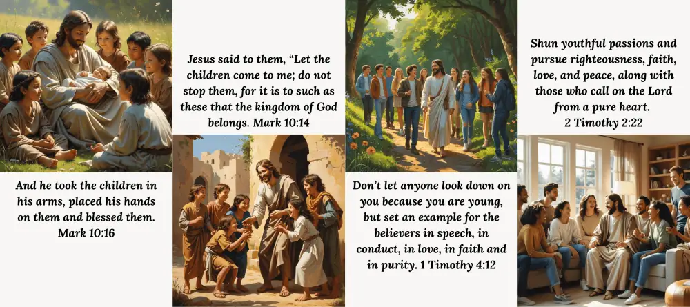 This image contains four images of Jesus Christ with different age groups of children and youth, and four scripture verses. The first image features Jesus is sitting on the ground holding an infant in his arms, and there are several small boys and girls sitting in a circle around them. "And he took the children in his arms, placed his hands on them and blessed them." Matthew 10:16. The second image is of Jesus standing amongst a group of kids. It is obvious they are all laughing and playing, including Jesus. "Jesus said to them 'Let the children come to me; do not stop them, for it is to such as these that the kingdom of God belongs.'" Mark 10:14. The third image shows a bunch of teenagers walking with Jesus down a wooded path. They are engaged in conversation together. "Don't let anyone look down on you because you are young, but set an example for the believers in speech, in conduct, in love, in faith and in purity." 1 Timothy 4:12. And the final image shows Jesus sitting in a living room with a number of young adults. They are having a conversation and enjoying each other's company. "Shun youthful passions and pursue righteousness, faith, love, and peace, along with those who call on the Lord from a pure heart." 2 Timothy 2:22.