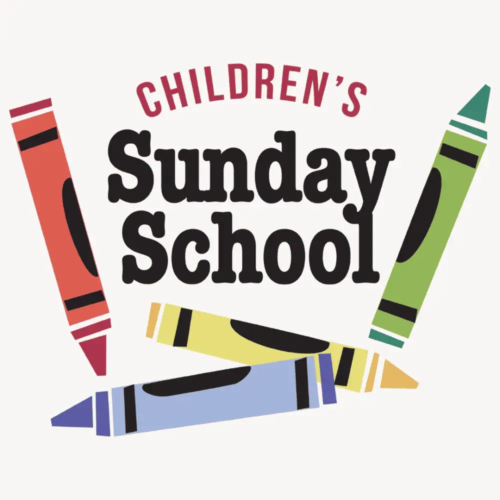 A clip-art image of red, green, yellow, and blue crayons around text that says "Children's Sunday School."
