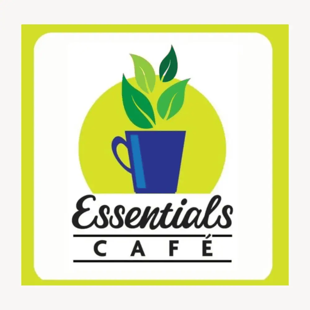 The logo for the Essentials Café - A white square is bordered in chartreuse, Inside the white square is a blue flower pot with four stylized green leaves over a chartreuse semi-circle. Beneath the flower pot are the words "Essentials Café" in black.