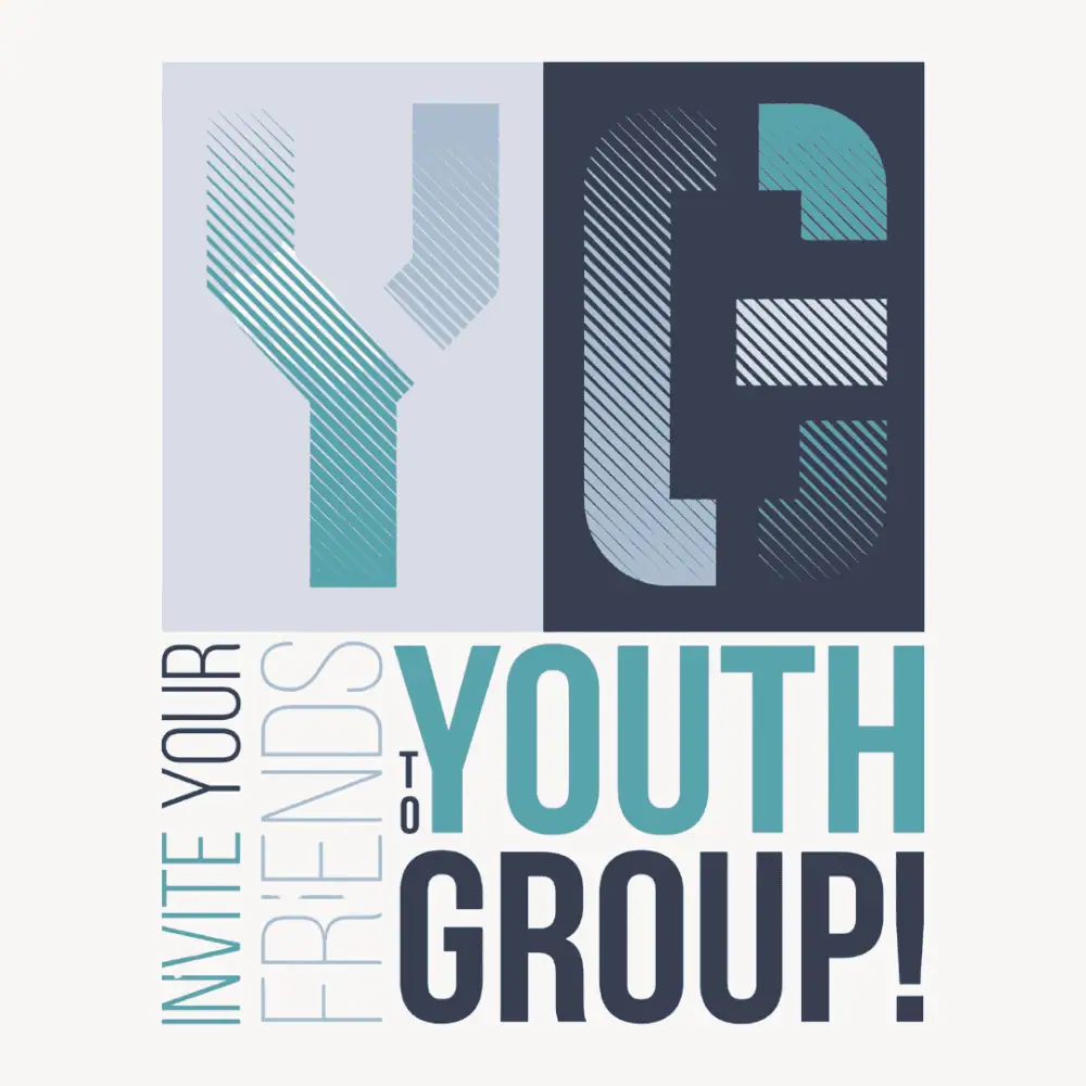 A clip-art image in shades of teal, dark teal, and bluish grey with the words "YG - Invite Your Friends to Youth Group!"