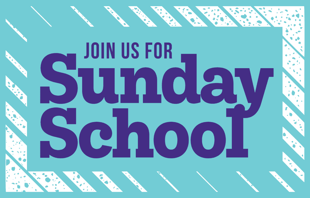 A clip-art image with the words "Join Us for Sunday School" in a navy blue thick serif font on a teal background with white corners.