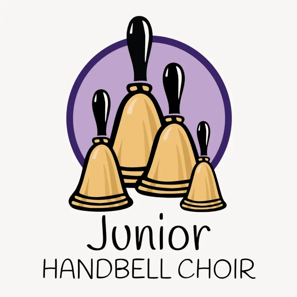 A clip-art image with four illustrated handbells in different sizes in front of a lavender circle with the words "Junior Handbell Choir" written underneath.