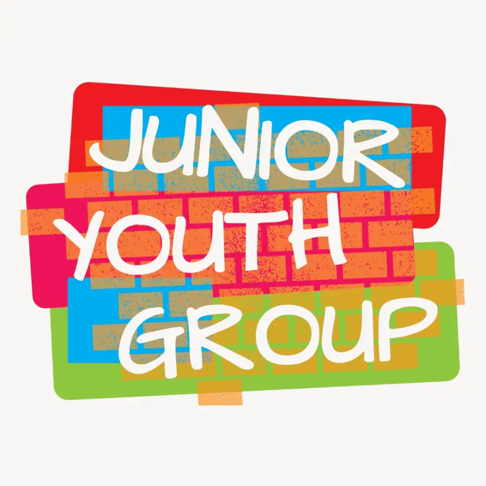 A clip art image made up of three slightly diagonal rectangles - one red, one a dark pink, and one lime green, with bright blue and orange bricks "stamped" over them. The words "Junior Youth Group" is printed on top in white.