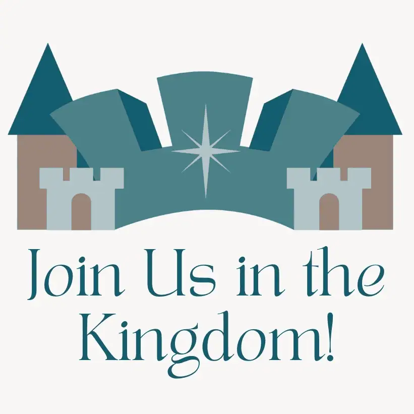 A clip-art image of a castle. The castle has two dark tan turrets with dark teal conical roofs - one on each end. In the middle is a medium teal section shaped like a crown with three squared points, with a light teal Bethlehem star in the middle. Connecting the turrets and the crown are two light teal drawbridge sections (one on each end), and the drawbridges are light tan. Underneath the castle are the words "Join us in the Kingdom!" in a dark teal royal serif font.