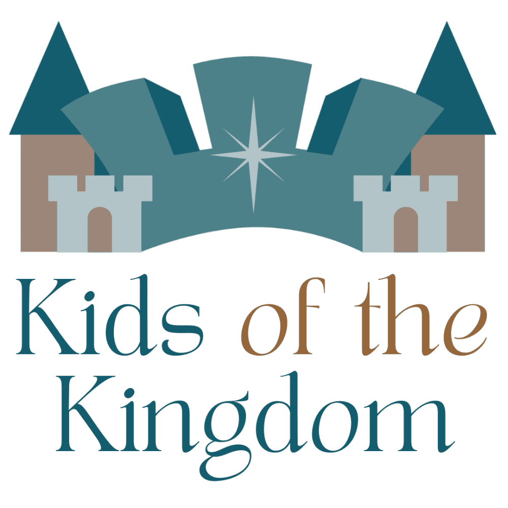A clip-art image of a castle. The castle has two dark tan turrets with dark teal conical roofs - one on each end. In the middle is a medium teal section shaped like a crown with three squared points, with a light teal Bethlehem star in the middle. Connecting the turrets and the crown are two light teal drawbridge sections (one on each end), and the drawbridges are light tan. Underneath the castle are the words "Kids of the Kingdom!" in a royal serif font in dark teal and dark tan.