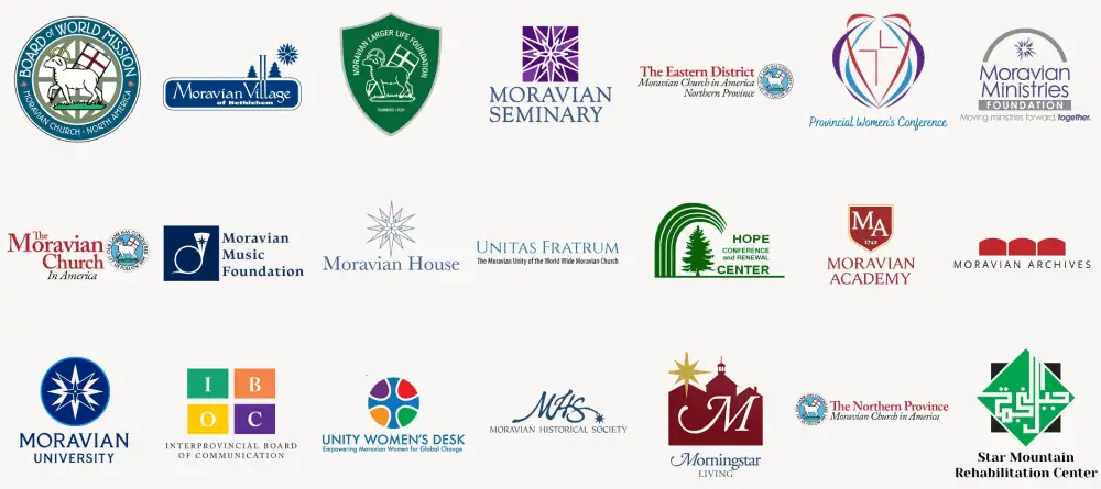 The featured image on the Moravian Resources page has a pale beige background with logos from various Moravian organizations and agencies in three rows. Logos include that for the Board of World Mission, Moravian Historical Society, the Unity Women's Desk, and Moravian Seminary among others.
