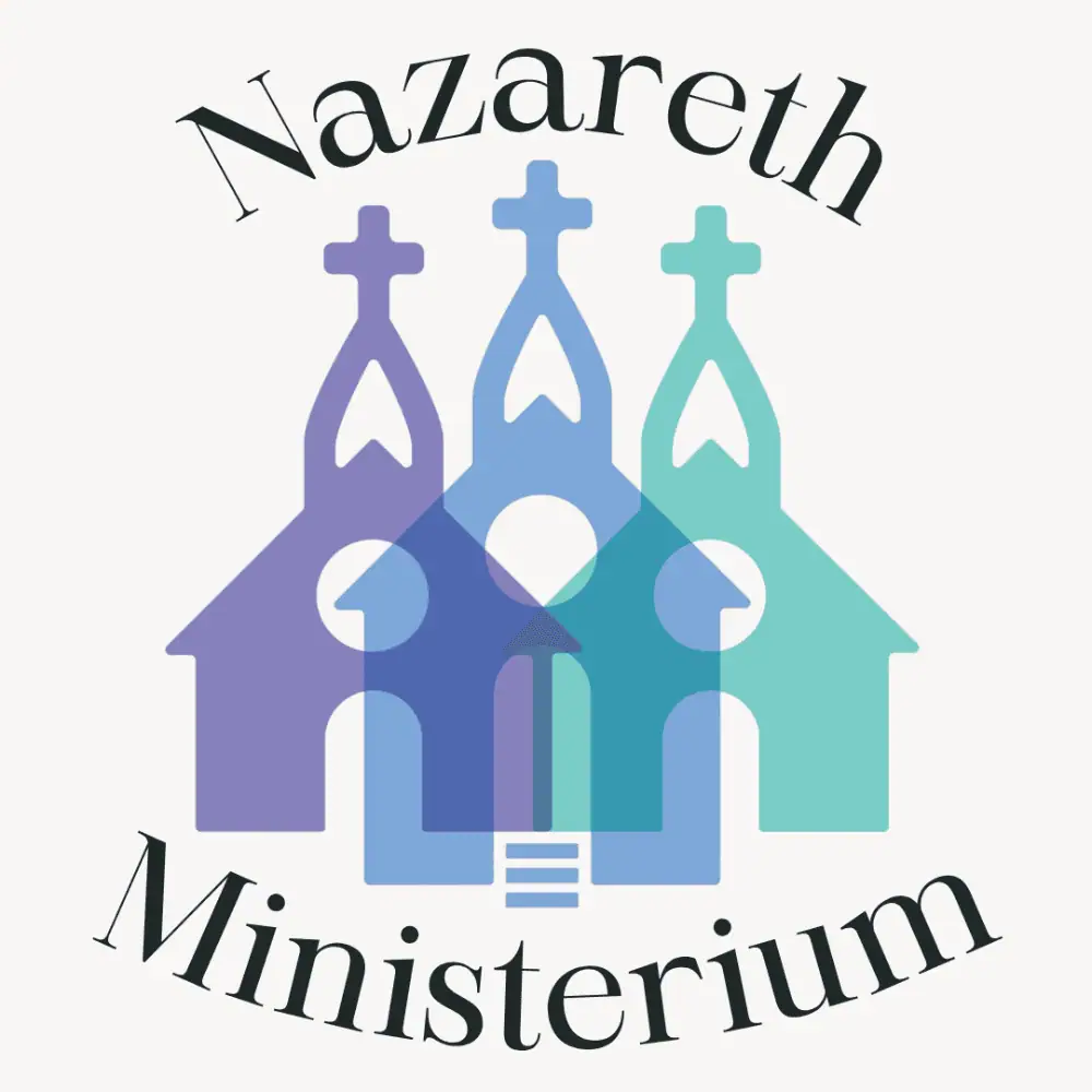 A clip-art image of three churches layered on top of each other, one in lavender, one in periwinkle blue, and one in pale sea green. The word "Nazareth" is at the top, curving around the crosses on top of the churches and the word "Ministerium" is at the bottom, curving up towards the buildings. The words are black in a modern serif font.