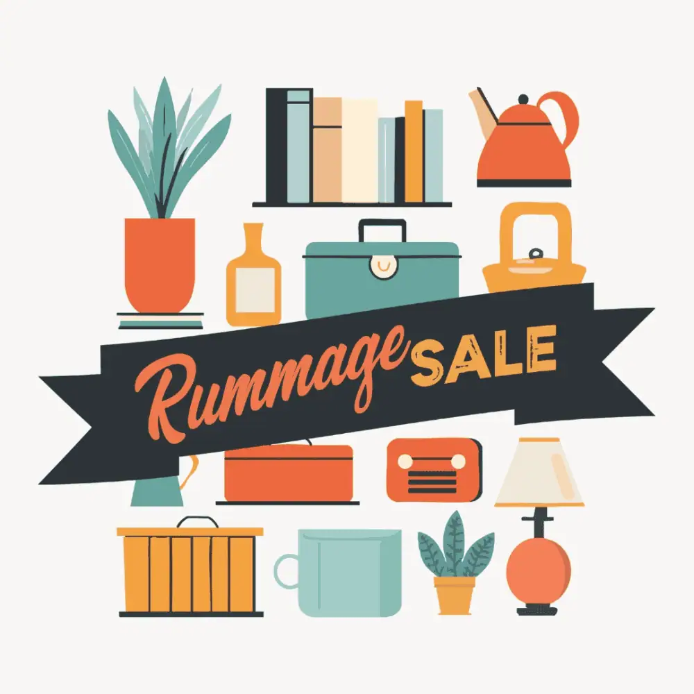 A clip-art image of various household items - books, a tea kettle, a lamp, a vase, a coffee mug, etc - in shades of pale seafoam green, a dark salmon, a pumpkin orange, and a pale blue. Across the image is a black banner with the words "Rummage Sale" on it in orange and salmon.